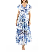 Komarov V-Neck Flutter Sleeve Printed Charmeuse Aline Maxi Dress