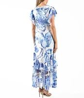 Komarov V-Neck Flutter Sleeve Printed Charmeuse Aline Maxi Dress