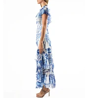 Komarov V-Neck Flutter Sleeve Printed Charmeuse Aline Maxi Dress