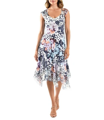 Komarov V-Neck Lace Cape Sleeve Floral Leopard Print Asymmetrical Hem Chiffon Midi Dress