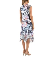 Komarov V-Neck Lace Cape Sleeve Floral Leopard Print Asymmetrical Hem Chiffon Midi Dress