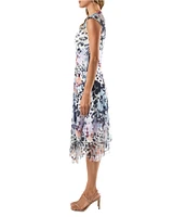 Komarov V-Neck Lace Cape Sleeve Floral Leopard Print Asymmetrical Hem Chiffon Midi Dress