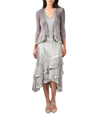 Komarov V-Neck Layered Ruffle Hem 2-Piece Jacket Dress
