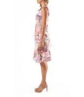 Komarov V-Neck Sleeveless Abstract Floral Tiered Mixed Media Shift Dress