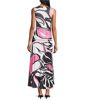Komarov V-Neck Sleeveless Floral Printed Mixed Media A-Line Maxi Dress