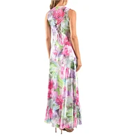 Komarov V-Neck Sleeveless Vivid Flora Lace Inset A-Line Charmeuse Maxi Dress