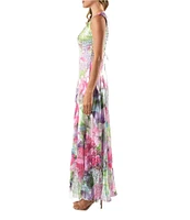 Komarov V-Neck Sleeveless Vivid Flora Lace Inset A-Line Charmeuse Maxi Dress