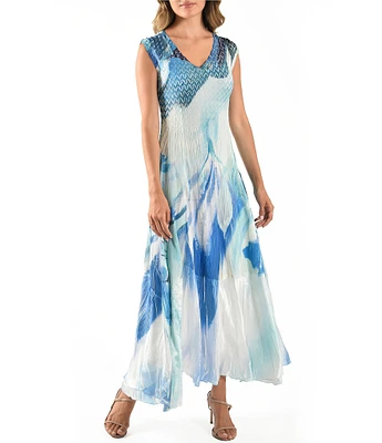 Komarov V-Neck Sleeveless Watercolor Printed Mixed Media Maxi Dress