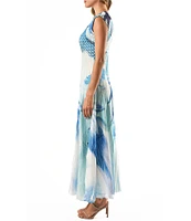Komarov V-Neck Sleeveless Watercolor Printed Mixed Media Maxi Dress