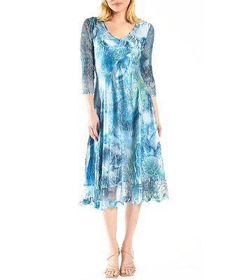 Komarov Watercolor Charmeuse V-Neck 3/4 Sleeve Pyramid Accordion Pleated Lace Hem Midi Dress