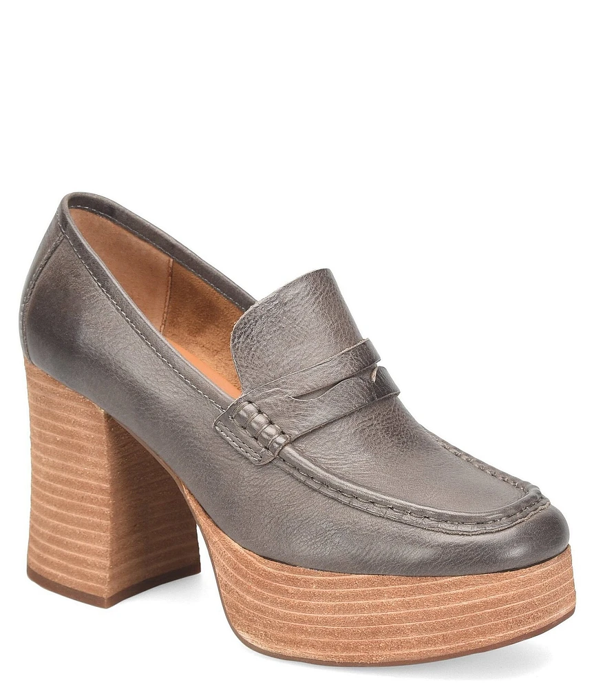 Kork-Ease Barbara Leather Platform Block Heel Penny Loafer Pumps