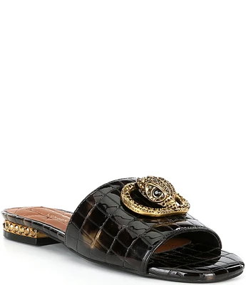 Kurt Geiger London Chelsea Crocodile Patent Leather Flat Slide Sandals