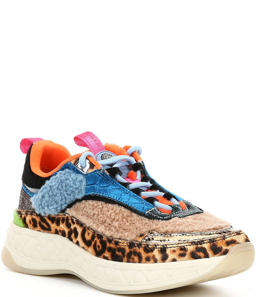 Kurt Geiger London Kensington Mixed Media Denim Patchwork Cheetah Print Sneakers