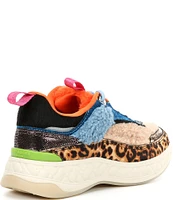 Kurt Geiger London Kensington Mixed Media Denim Patchwork Cheetah Print Sneakers