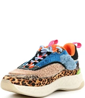 Kurt Geiger London Kensington Mixed Media Denim Patchwork Cheetah Print Sneakers