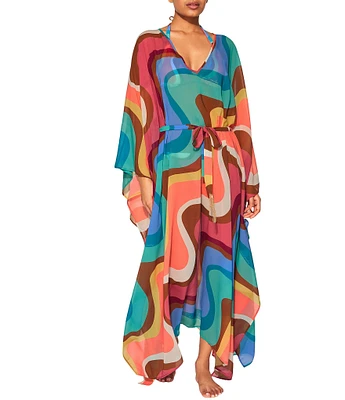 Kurt Geiger London Kensington Rainbow Swirl V-Neck Kaftan Swim Cover-Up