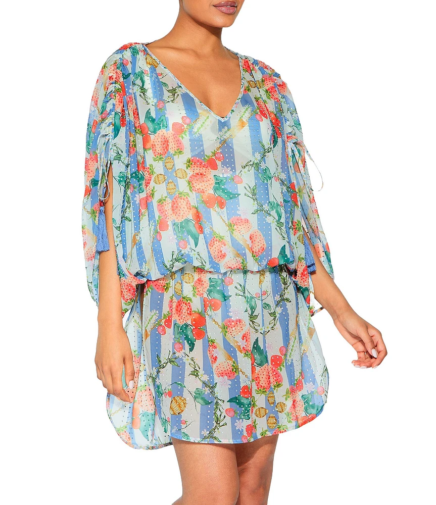 Kurt Geiger London Kensington Striped Strawberry Chiffon V-Neck Tunic Swim Cover-Up