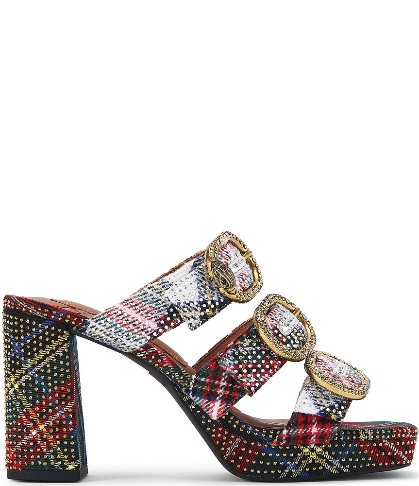 Kurt Geiger London Mayfair Embellished Tartan Plaid Platform Slide Sandals