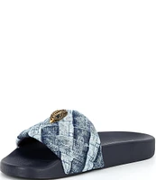 Kurt Geiger London Meena Eagle Ornament Quilted Denim Pool Slides