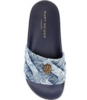 Kurt Geiger London Meena Eagle Ornament Quilted Denim Pool Slides