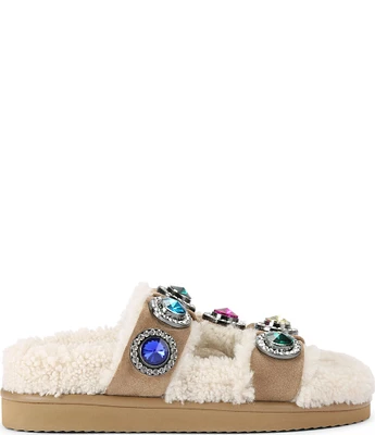 Kurt Geiger London Orson Crystal Shearling Teddy Oversized Studded Jewel Slide Sandals