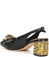 Kurt Geiger London Patent Leather Chelsea Embellished Block Heel Slingback Pumps