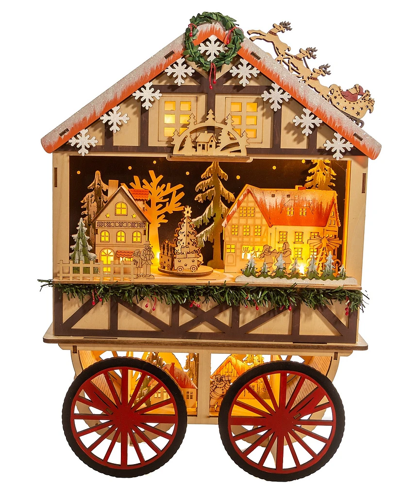 Kurt S. Adler 19-Inch Battery-Operated Light Up Musical Wood Wagon with Santa and Christmas Village Scene Figurine