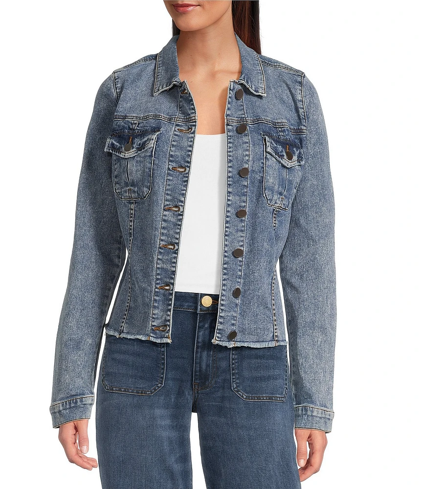 KUT from the Kloth Kara Notch Collar Long Sleeve Flap Pocket Frayed Hem Denim Jacket