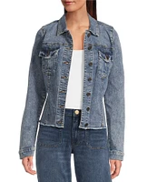 KUT from the Kloth Kara Notch Collar Long Sleeve Flap Pocket Frayed Hem Denim Jacket