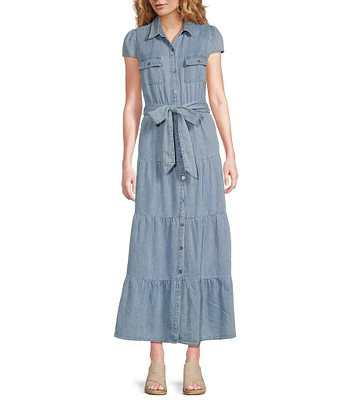 KUT from the Kloth Maxi Point Collar V-Neck Cap Sleeve Light Wash Tiered Denim Maxi Dress
