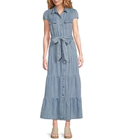 KUT from the Kloth Maxi Point Collar V-Neck Cap Sleeve Light Wash Tiered Denim Maxi Dress