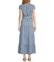KUT from the Kloth Maxi Point Collar V-Neck Cap Sleeve Light Wash Tiered Denim Maxi Dress