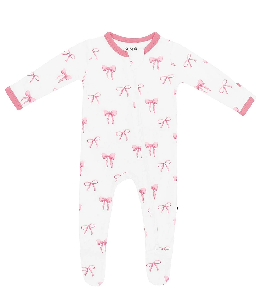 Kyte BABY Baby Girls Newborn-24 Months Bamboo Bow Print Zip Front Footie
