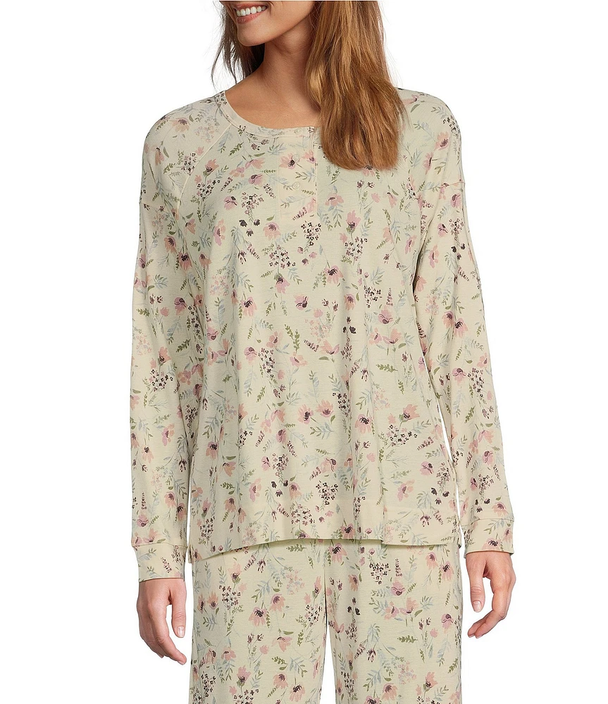 L.L. Bean Long Sleeve Henley Floral Knit Coordinating Sleep Top