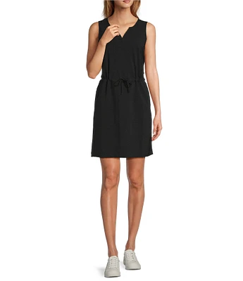 L.L. Bean VentureStretch Seersucker Split V-Neckline Sleeveless Drawstring Dress