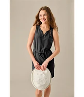 L.L. Bean VentureStretch Seersucker Split V-Neckline Sleeveless Drawstring Dress