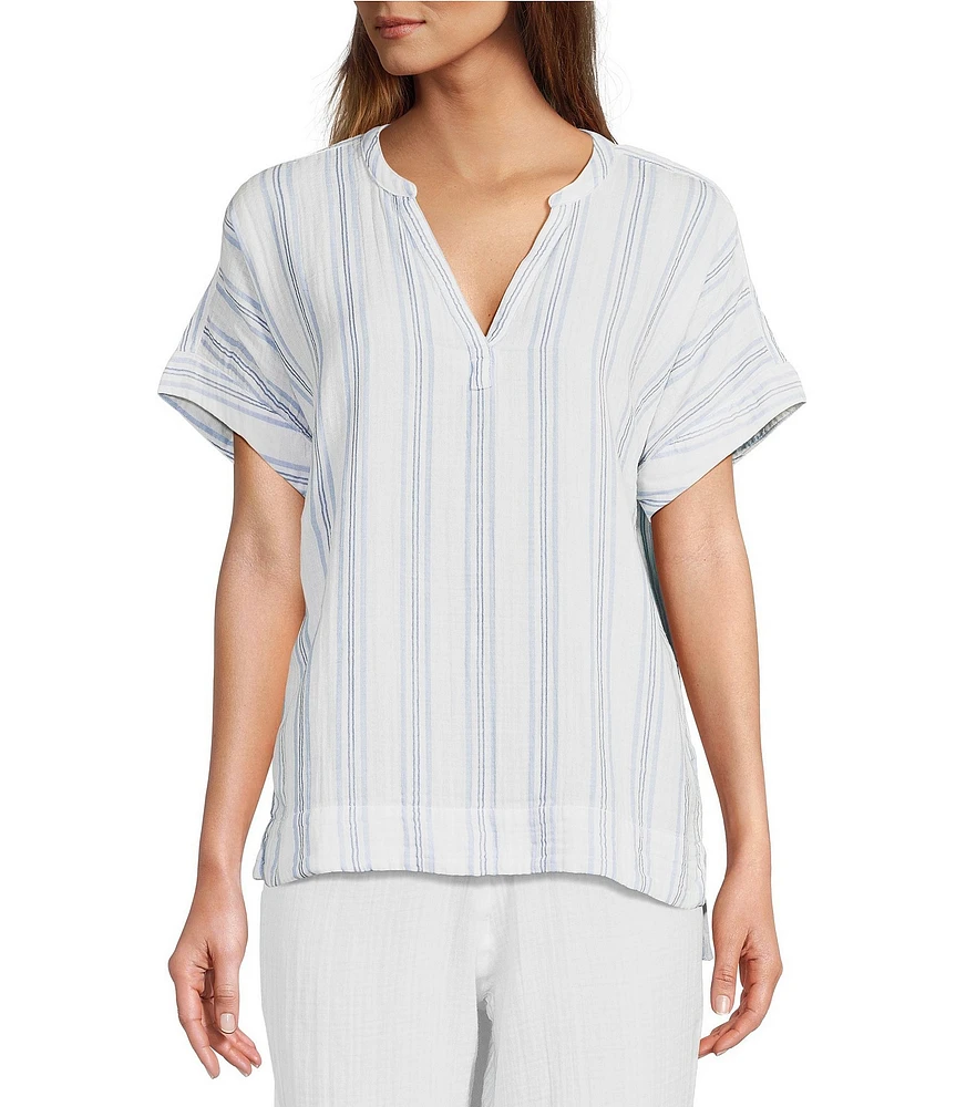 L.L.Bean Cloud Gauze Sea Salt Stripe Split V-Neckline Short Sleeve Top