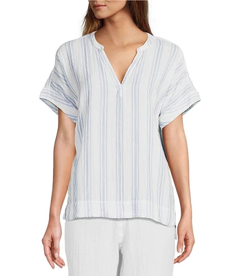 L.L.Bean Cloud Gauze Sea Salt Stripe Split V-Neckline Short Sleeve Top