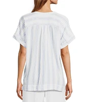 L.L.Bean Cloud Gauze Sea Salt Stripe Split V-Neckline Short Sleeve Top