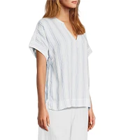 L.L.Bean Cloud Gauze Sea Salt Stripe Split V-Neckline Short Sleeve Top