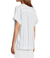 L.L.Bean Cloud Gauze Sea Salt Stripe Split V-Neckline Short Sleeve Top