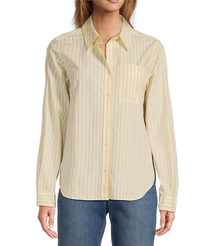 L.L.Bean Essential Cotton Poplin Stripe Print Collar Neckline Long Sleeve Shirt