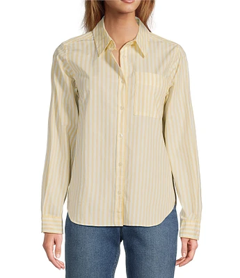 L.L.Bean Essential Cotton Poplin Stripe Print Collar Neckline Long Sleeve Shirt