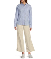 L.L.Bean Essential Cotton Poplin Stripe Print Collar Neckline Long Sleeve Shirt