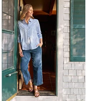 L.L.Bean Essential Cotton Poplin Stripe Print Collar Neckline Long Sleeve Shirt