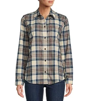 L.L.Bean Indigo Tartan Scotch Plaid Flannel Point Collar Long Sleeve Relaxed Fit Button Front Shirt