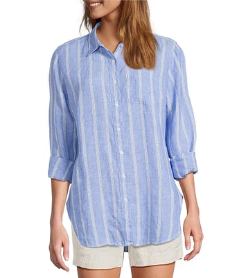 L.L.Bean Linen Long Sleeve Striped Button Front Tunic