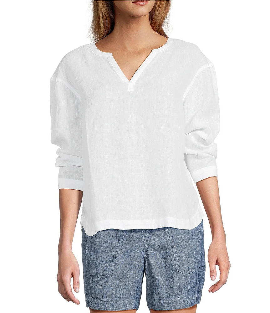 L.L.Bean Linen Split Round Neck Long Sleeve Blouse