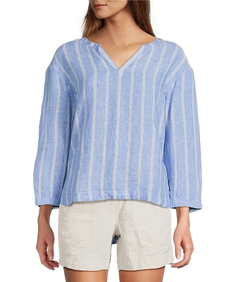 L.L.Bean Linen Twill Striped Split Round Neck Long Sleeve Blouse