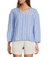 L.L.Bean Linen Twill Striped Split Round Neck Long Sleeve Blouse